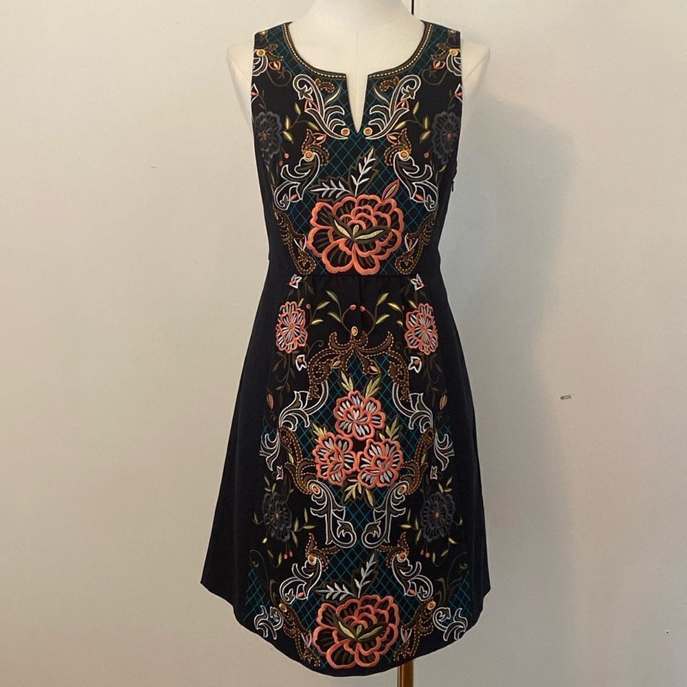 Anthropologie Moulinette Soeurs Navy Embroidered Perennial Mini Dress Size 2 - Picture 2 of 13